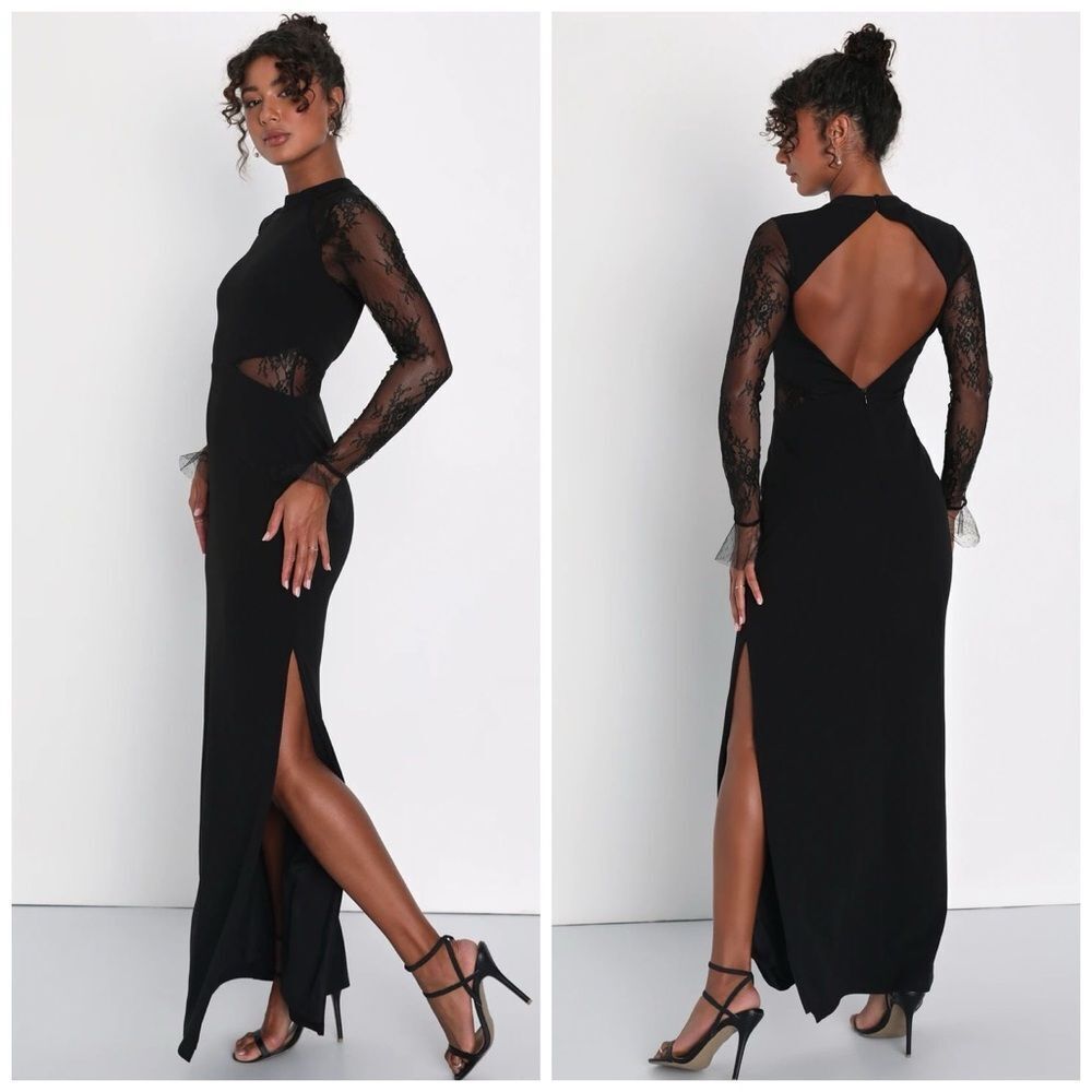 Lulu's Black Lace Sleeve Prom Dress